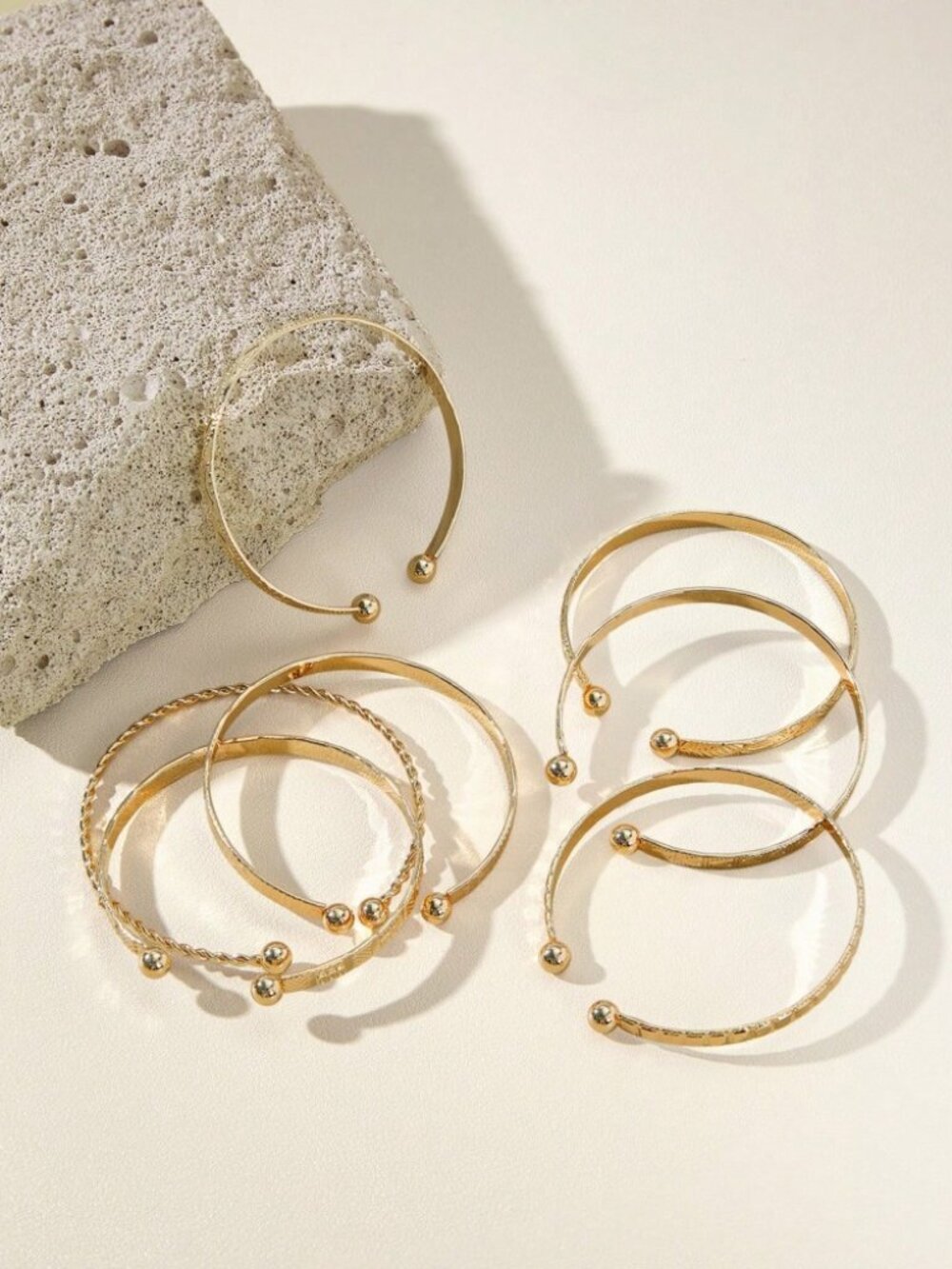 Gold Cuff Bangle Set - Twisted & Ball Bead Bracelets